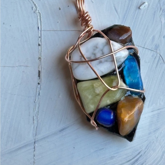 Necklace Pendant, Handmade assemblage Wire Wrapped real Stones Resin Set 4300 G - Picture 11 of 11
